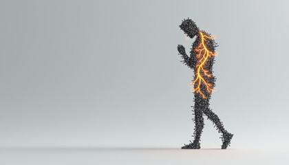 Man silhouette made of black spikes with glowing orange vein pattern walking in minimal space, tense and energetic