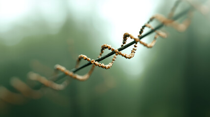 Fototapeta premium Delicate twisted vine tendril wrapped around thin wire with golden beads and soft green bokeh background evoking calm natural beauty