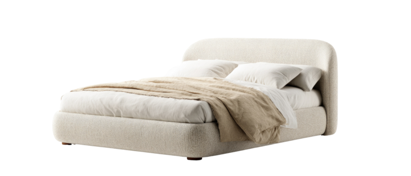 Cream-colored upholstered bed with rounded headboard