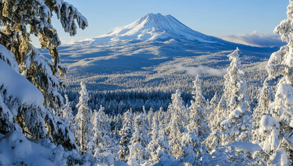 winter landscape with snow covered dormant volcano rising above dense frosted pine forest under clear sky