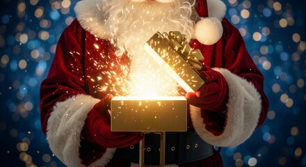 Christmas scene showing Santa Claus in red suit with white fur cuffs holding an open gift box with golden ribbon in both hands