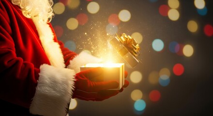 Christmas scene showing Santa Claus in red suit with white fur cuffs holding an open gift box with golden ribbon in both hands