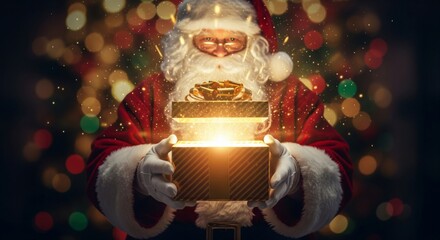Christmas scene showing Santa Claus in red suit with white fur cuffs holding an open gift box with golden ribbon in both hands