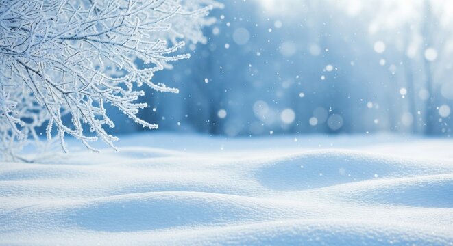 Serene winter landscape. Foreground covered in soft, fluffy snowdrifts with delicate light shadows