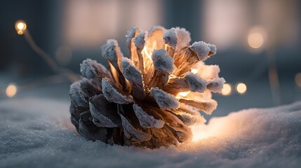 Leuchtender Tannenzapfen im Schnee
