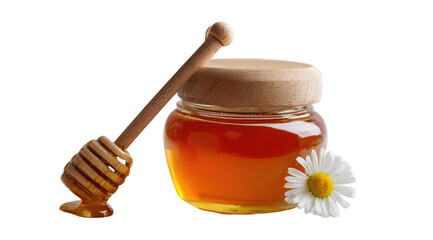 Honey jar with wooden dipper and daisy