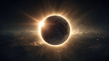 Obraz premium Celestial Solar Eclipse Behind a Dark Planet Illuminated by a Bright Aura