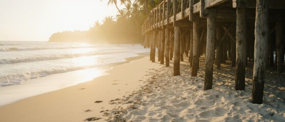 Secluded tropical beach at sunrise with a weathered wooden pier and palm silhouettes, warm golden light and calm turquoise water.