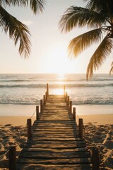 Secluded tropical beach at sunrise with a weathered wooden pier and palm silhouettes, warm golden light and calm turquoise water.