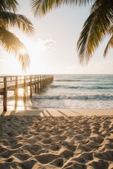 Secluded tropical beach at sunrise with a weathered wooden pier and palm silhouettes, warm golden light and calm turquoise water.