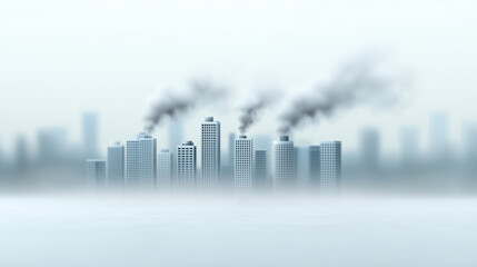 Fototapeta premium Foggy cityscape with high rise building skyline and rising smoke creating moody atmospheric urban pollution scene