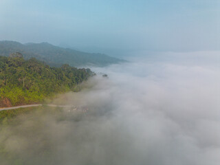 Aerial view of lush green mountains and dense fog rolling over the landscape, creating a mystical and serene atmosphere in nature.