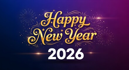 Festive Happy New Year 2026 design with golden text and fireworks elegant celebration background for holiday greetings and invitations