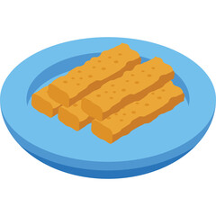 Four Golden Brown Fried Fish Sticks Served on a Light Blue Plate with a Transparent Background