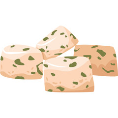 Four Isometric Cubes with Green Flecks on Transparent Background Cubes with Light Peach and Green Colors Representing Food or Abstract Shapes
