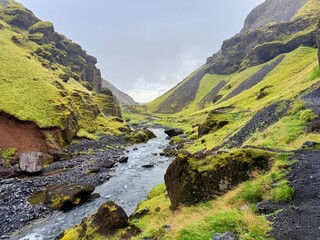 Kvernufoss Waterfall, Hidden Cave View near Skógar, South Iceland