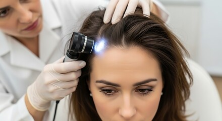 Fototapeta premium Dermatologist examining patients scalp with dermatoscope for hair loss.