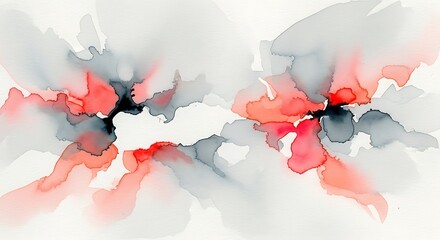 Abstract Watercolor Ink Blots in Red and Grey on White Background.