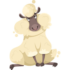 Fluffy Cream Colored Sheep with Puffy Wool Sitting Looking Up with Curious Expression and Speckled Background Elements