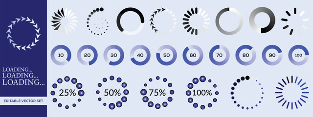Editable Vector Set of Loading, Progress, and Circular Bar Animations in Modern Blue and Black Color Scheme for Web and UI Design