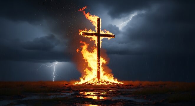 Burning Cross Against Stormy Sky with Lightning and Reflection.
