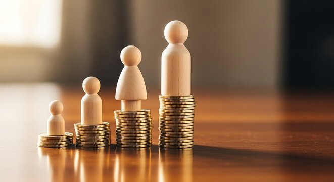 Family financial growth concept with wooden figures on coins.