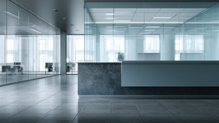 Fototapeta premium Beautiful photo of close shot of a modern empty bank reception desk, sleek minimalist interior, clean lines, neutral colors, glass and metal elements, no people, bright natural.