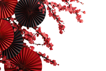 Red and black paper fans and plum blossoms against a black background