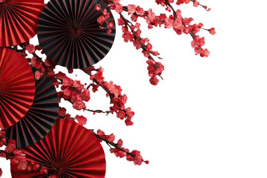Red and black paper fans and plum blossoms against a black background