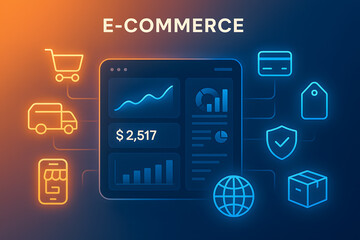 Digital e commerce business growth and analytics with online shopping and payment icons illustration