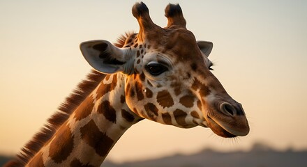Naklejka premium Close-up of a majestic giraffes head and neck against a soft, golden sunset sky.
