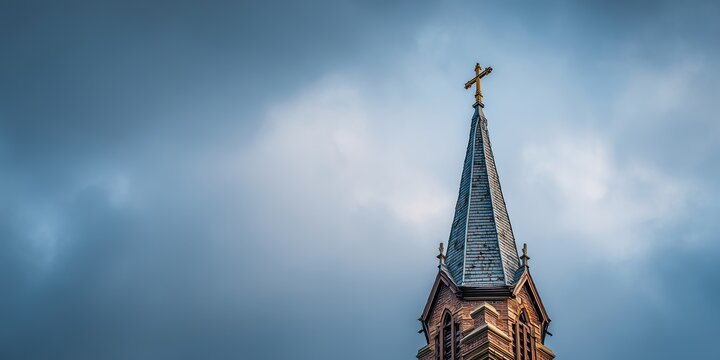 Church steeple with cross against dramatic cloudy sky creating a serene atmosphere - Powered by Adobe