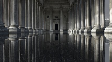 Classical colonnade with reflective water, in a grand architectural entrance, wide perspective, monochrome detail, copy space.