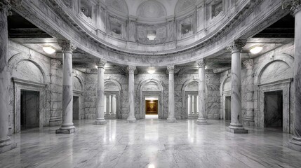 Naklejka premium Marble rotunda with ornate columns and dome, in a grand architectural hall, wide-angle view, elegant interior, copy space.