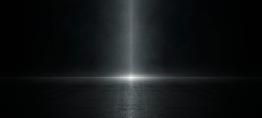 Empty dark asphalt floor and road with tire track, fog, and neon spotlights on skyline night background. Abstract smoke scene for Halloween, concert stage, sports arena, or product display background. © chiew