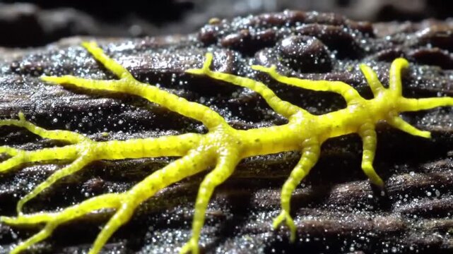 A closeup of a yellow slime mold growing on a dark, textured surface in a forest