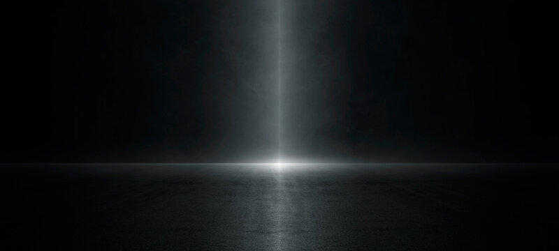 Empty dark asphalt floor and road with tire track, fog, and neon spotlights on skyline night background. Abstract smoke scene for Halloween, concert stage, sports arena, or product display background.