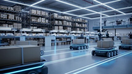 A futuristic warehouse with automated vehicles transporting packages and workers in uniforms overseeing the operations - Powered by Adobe