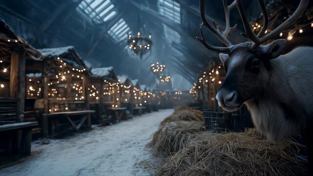 A rustic market winter night reindeer, festive lights and snow at wooden stall with hay and lanterns, cozy holiday spirit under chandeliers and glass roof, fairy lights glow along lantern lit aisle