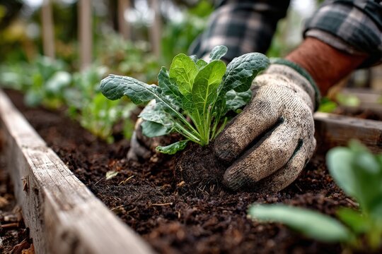 Gardener with gloved hands planting fresh green seedlings into rich soil in a wooden raised bed, showcasing the nurturing process of organic gardening and sustainable practices