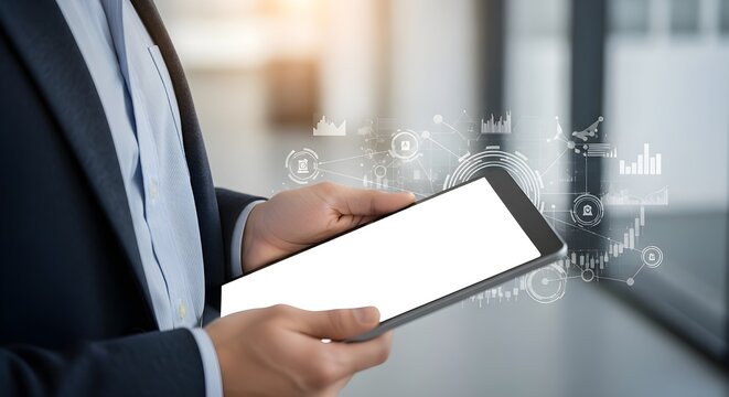 Businessman holding digital tablet with holographic data visualization - Powered by Adobe