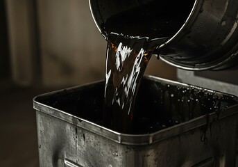 Obraz premium Pouring Black Liquid from Metal Container into Industrial Bin.