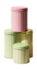 Stacked pastel-striped metal tins