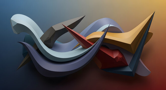 Abstract rendering of curved shapes with pointed edges on a gradient blue to orange background - Powered by Adobe