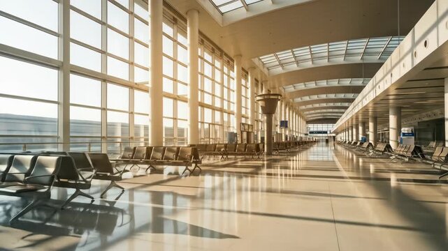 A modern, sunlit airport terminal interior with rows of seating and large windows