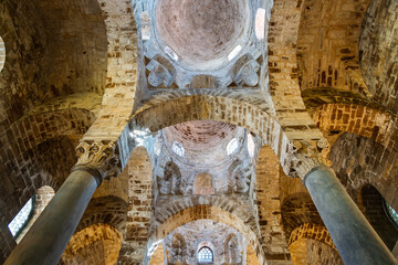 Upward view of medieval domes and vaults in San Cataldo Church, Palermo, Sicily