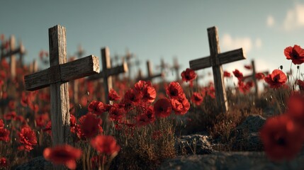 Peaceful memorial landscape with small crosses, poppies, and realistic depth of field.