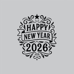 Elegant happy new year 2026 typography design with ornate flourishes