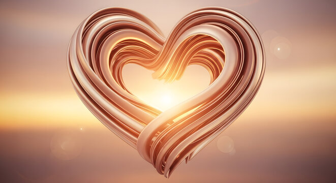 A swirling rose gold heart shape against a soft gradient background with a bright light in the center