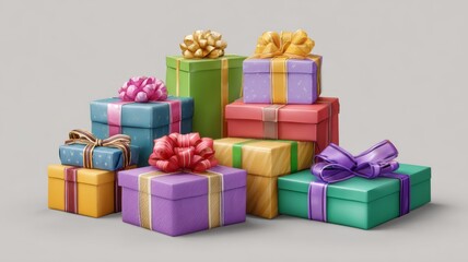 Obraz premium Stack of colorful christmas gift boxes with red, green, and gold ribbons and bows isolated on transparent background for holiday celebrations and festive decorations